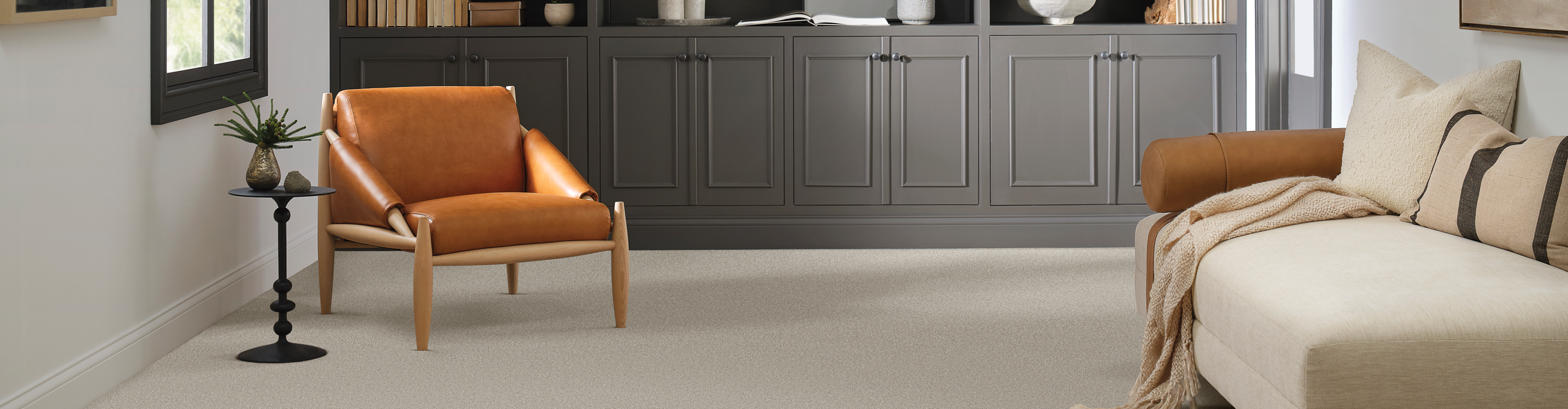 Beige carpet in a study with dark gray built-ins